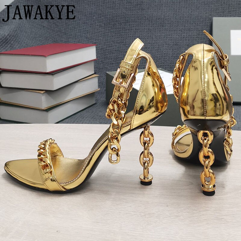 Luxury Gold Chain Heel Sandals Summer Sexy Brand Ankle Strap Party Shoes High Heel Sandals Celebrity Women Dress Shoes eprolo