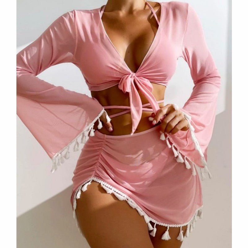 4pcs Solid Color Bikini With Short Skirt And Long Sleeve Cover-up Fashion Bow Tie Fringed Swimsuit Set Summer Beach Womens Clothing Alsy store