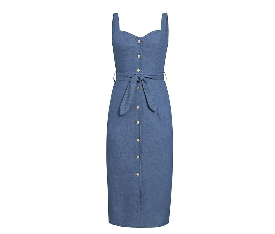 Women's long denim suspender dress