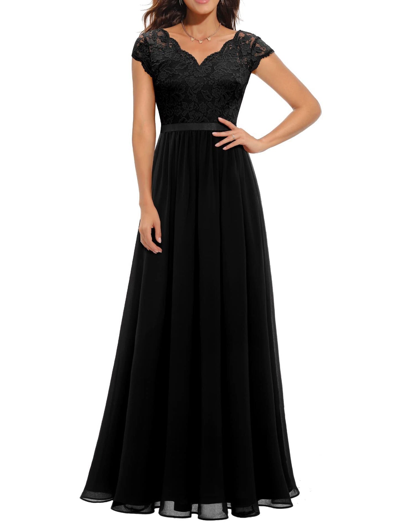 Lace Edge Chiffon Patchwork Waist-tight Long Dress Alsy store