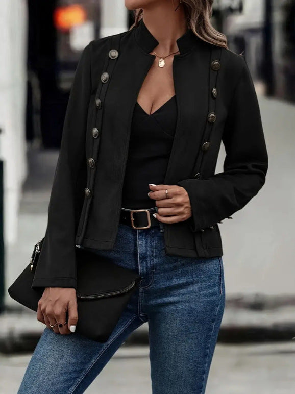 Solid Short Jacket Double Breasted Decorative Design Fashion Retro Suede Long Sleeve Outwear Tops Coat For Womens Clothing - Alsy store