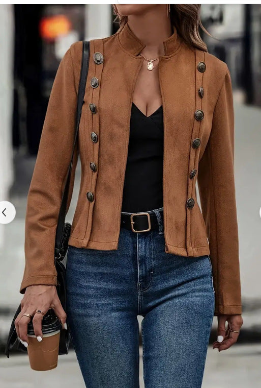 Solid Short Jacket Double Breasted Decorative Design Fashion Retro Suede Long Sleeve Outwear Tops Coat For Womens Clothing - Alsy store