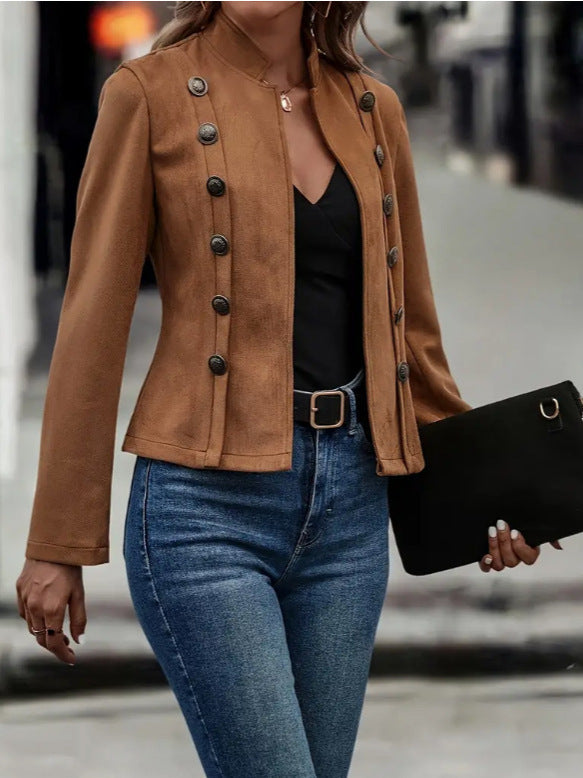 Solid Short Jacket Double Breasted Decorative Design Fashion Retro Suede Long Sleeve Outwear Tops Coat For Womens Clothing - Alsy store