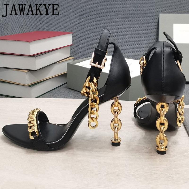 Luxury Gold Chain Heel Sandals Summer Sexy Brand Ankle Strap Party Shoes High Heel Sandals Celebrity Women Dress Shoes eprolo
