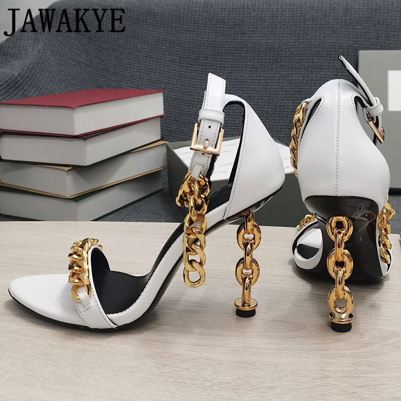 Luxury Gold Chain Heel Sandals Summer Sexy Brand Ankle Strap Party Shoes High Heel Sandals Celebrity Women Dress Shoes eprolo