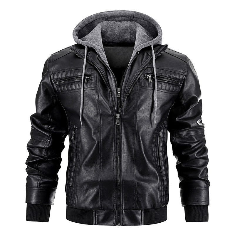 Hooded Jacket With Zipper Pockets Fashion Warm Pu Leather Coat Mens Clothing Alsy store