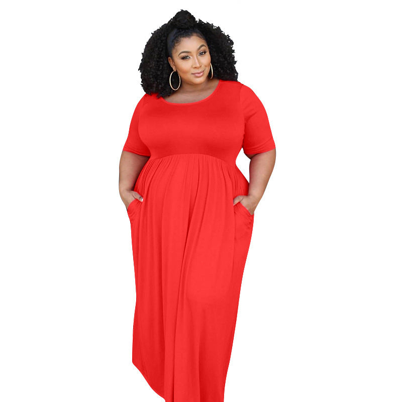 Net color pleated big swing short sleeve long large size dress