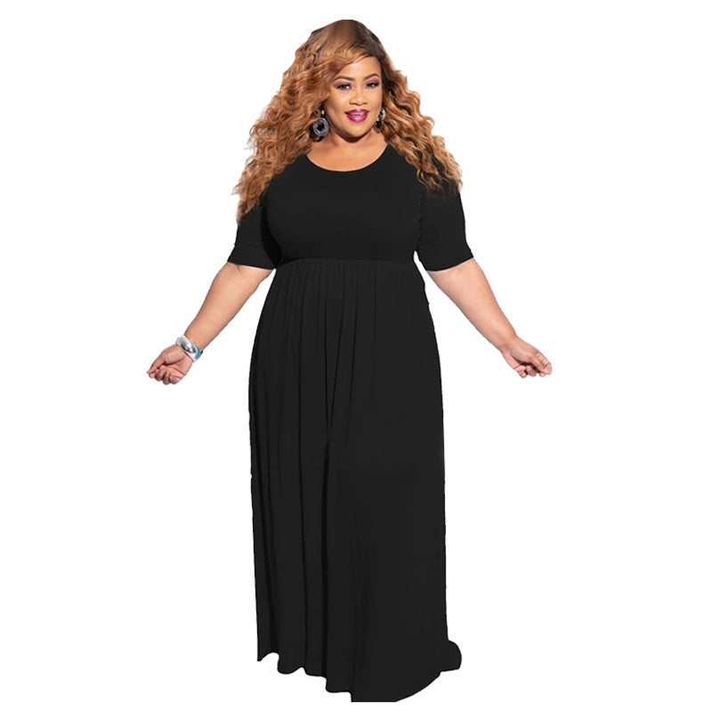 Net color pleated big swing short sleeve long large size dress