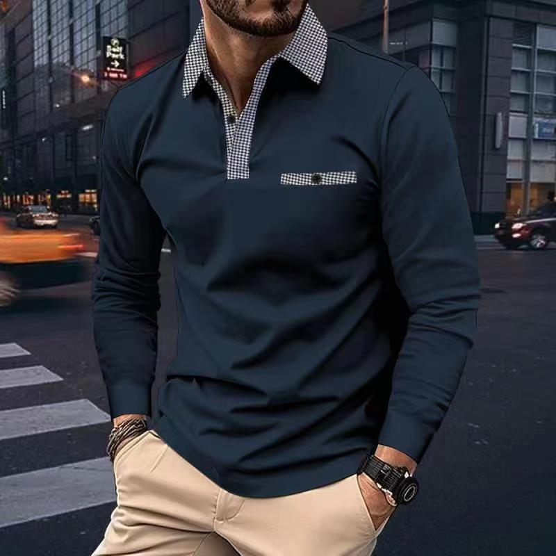 Leisure Plaid Lapel Polo Shirt Fashion Solid Color Long Sleeve Tops Men's Clothing - Alsy store