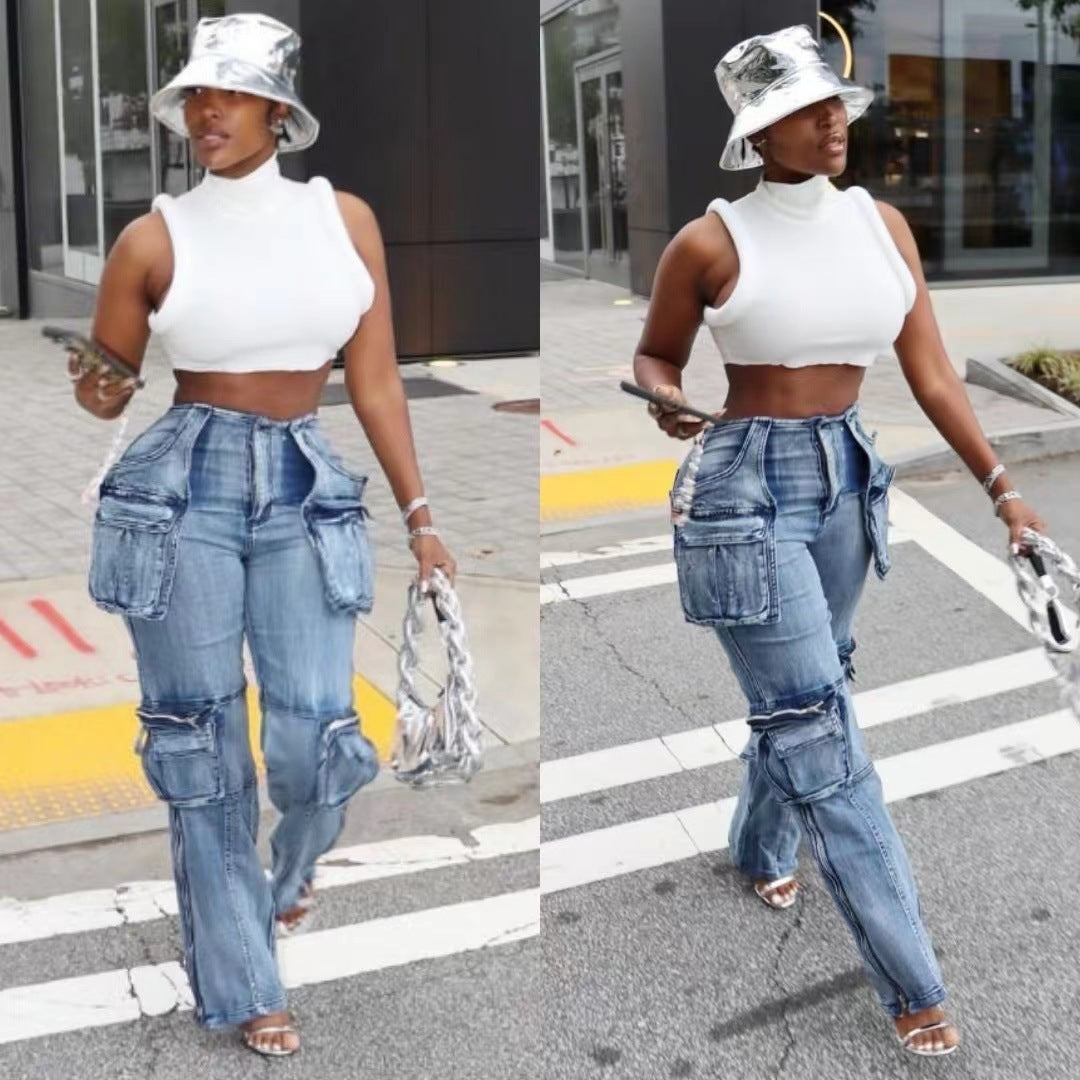 Fashion Casual Patchwork Multi-pocket Hamonica Jeans - Alsy store