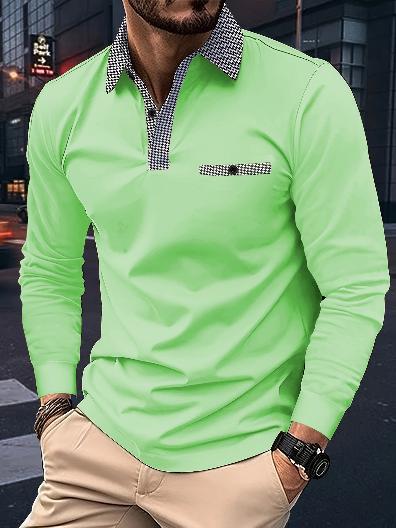 Leisure Plaid Lapel Polo Shirt Fashion Solid Color Long Sleeve Tops Men's Clothing - Alsy store