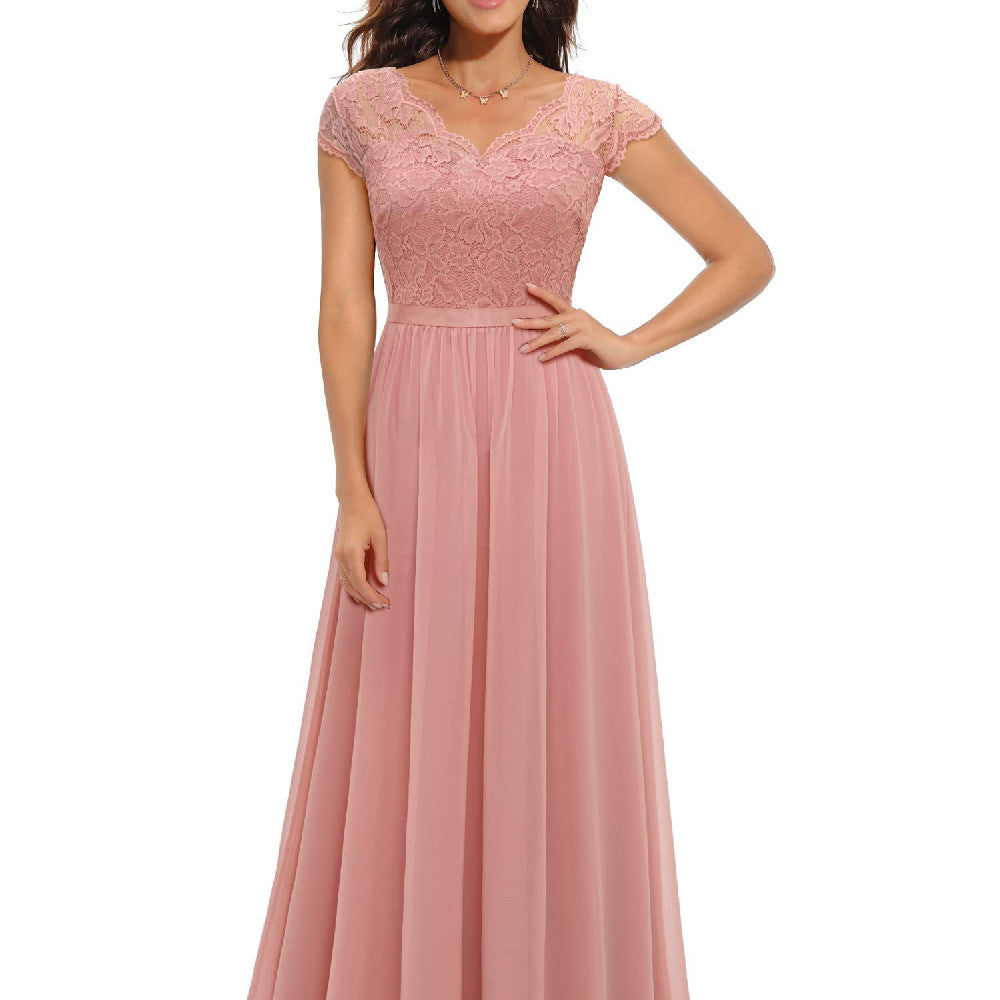 Lace Edge Chiffon Patchwork Waist-tight Long Dress Alsy store