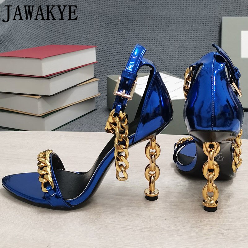 Luxury Gold Chain Heel Sandals Summer Sexy Brand Ankle Strap Party Shoes High Heel Sandals Celebrity Women Dress Shoes eprolo