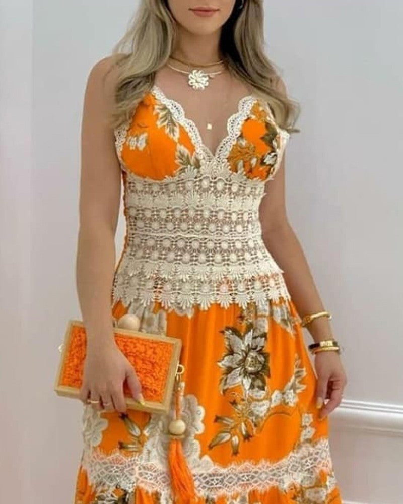 Ladies Lace Patchwork Sling High Waist Swing Dress Alsy store