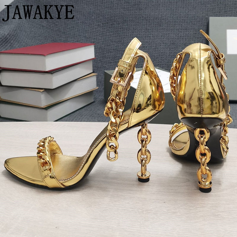 Luxury Gold Chain Heel Sandals Summer Sexy Brand Ankle Strap Party Shoes High Heel Sandals Celebrity Women Dress Shoes eprolo