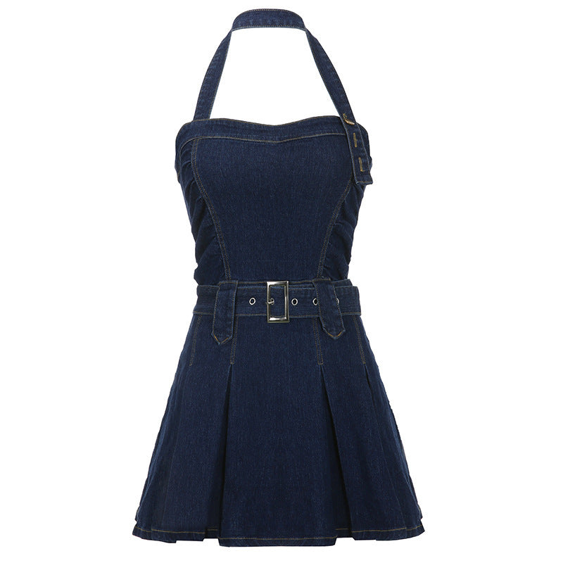 Women Denim Mini Dress Off Shoulder Halter Neck Sleeveless