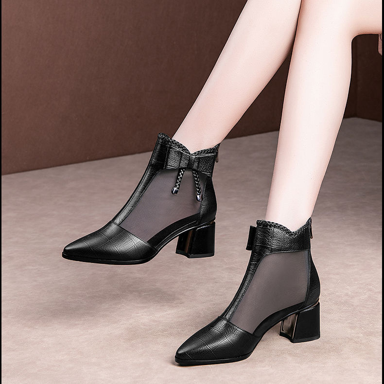 Color Block Thick Heel Sandals Mesh Fish Mouth Sandals Stiletto Boots High Heels