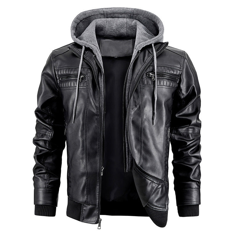 Hooded Jacket With Zipper Pockets Fashion Warm Pu Leather Coat Mens Clothing Alsy store