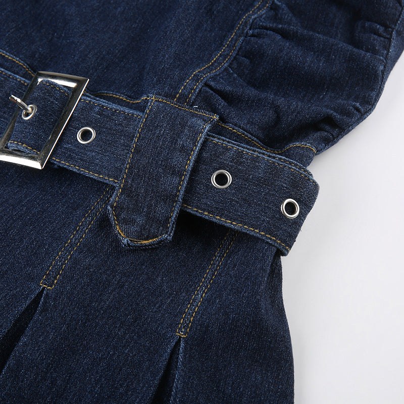 Women Denim Mini Dress Off Shoulder Halter Neck Sleeveless