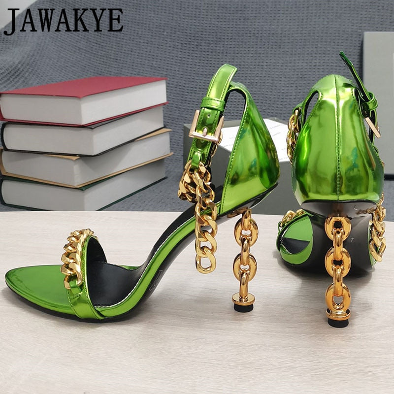 Luxury Gold Chain Heel Sandals Summer Sexy Brand Ankle Strap Party Shoes High Heel Sandals Celebrity Women Dress Shoes eprolo