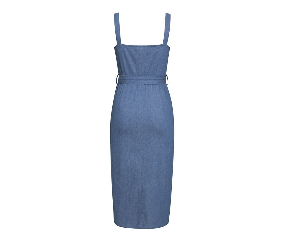 Women's long denim suspender dress