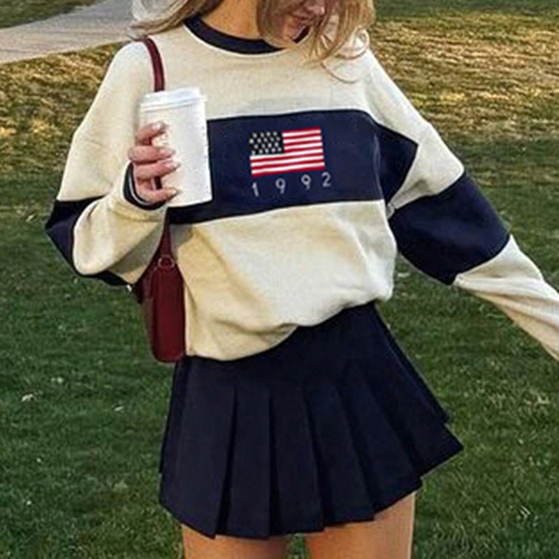 American Preppy Style Round Neck Long Sleeve Woolen Top - Alsy store