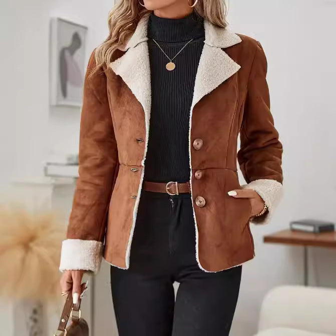 Casual Fashion Cold-proof Warm Fur Integrated Lapel Pocket Jacket Alsy store