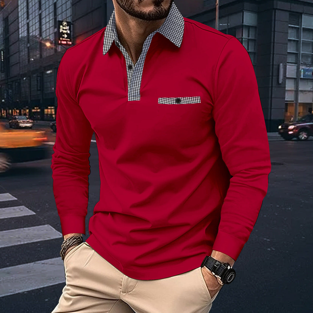 Leisure Plaid Lapel Polo Shirt Fashion Solid Color Long Sleeve Tops Men's Clothing - Alsy store