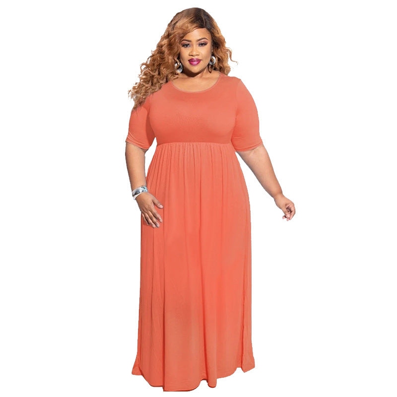 Net color pleated big swing short sleeve long large size dress