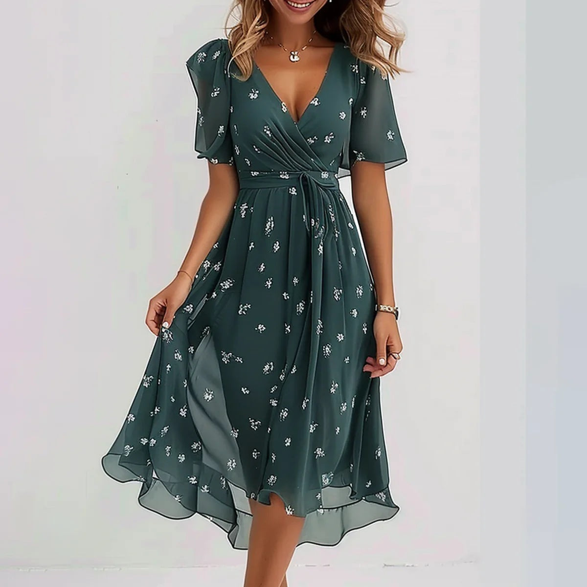 Chiffon Printed Short Sleeve Dress Summer Elegant V-neck Dresses Womens Clothing Alsy store