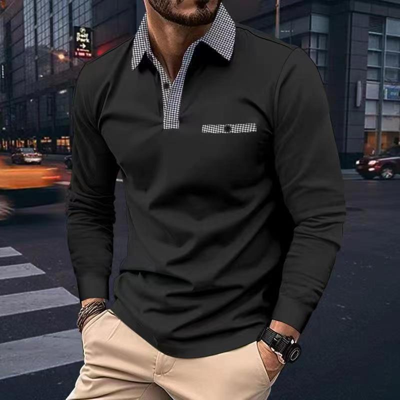 Leisure Plaid Lapel Polo Shirt Fashion Solid Color Long Sleeve Tops Men's Clothing - Alsy store