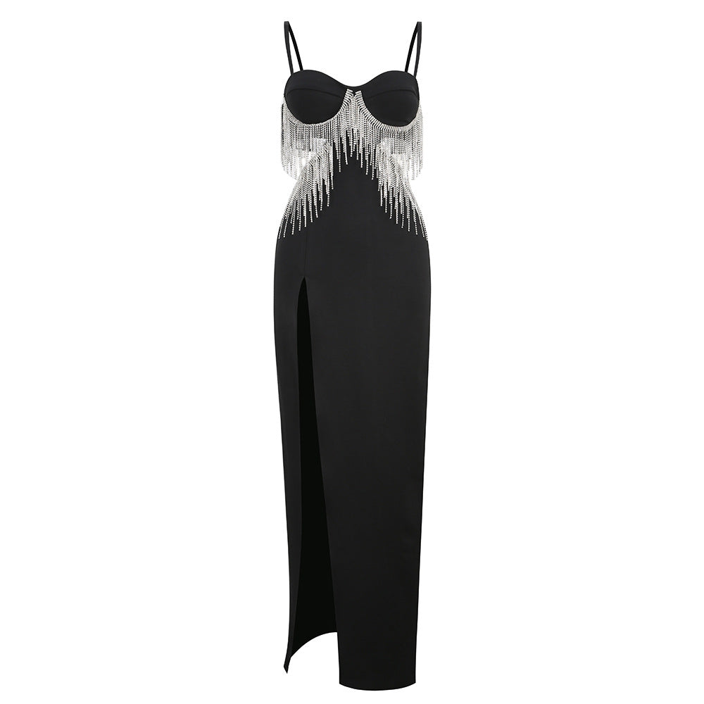 High Luxury Heavy Industry Hardware Tassel Sexy High Waist Slit Suspender Dress Women Dress eprolo