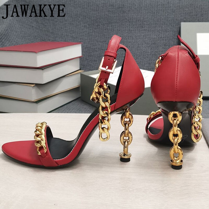 Luxury Gold Chain Heel Sandals Summer Sexy Brand Ankle Strap Party Shoes High Heel Sandals Celebrity Women Dress Shoes eprolo