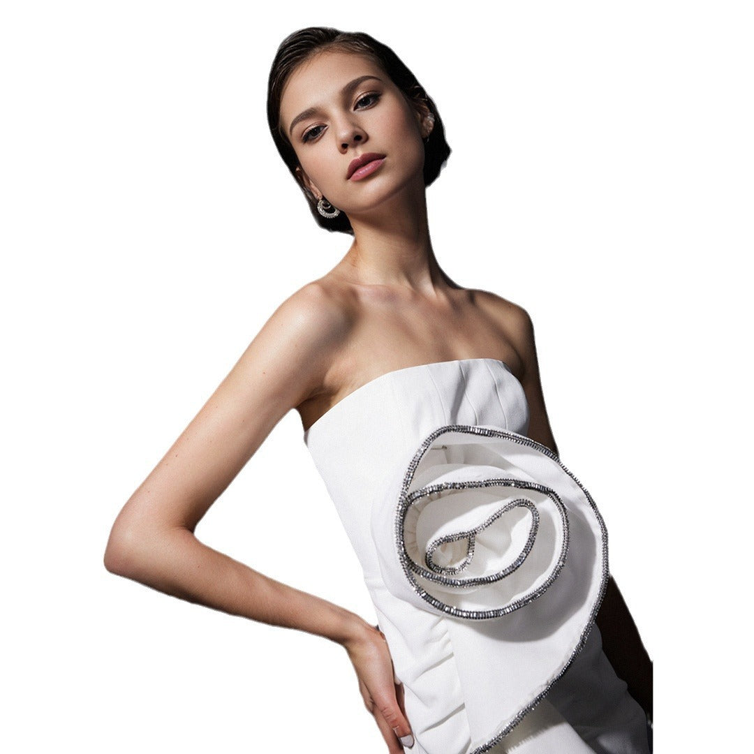 High end luxury socialite sexy temperament diamond studded strapless floral dress dress eprolo