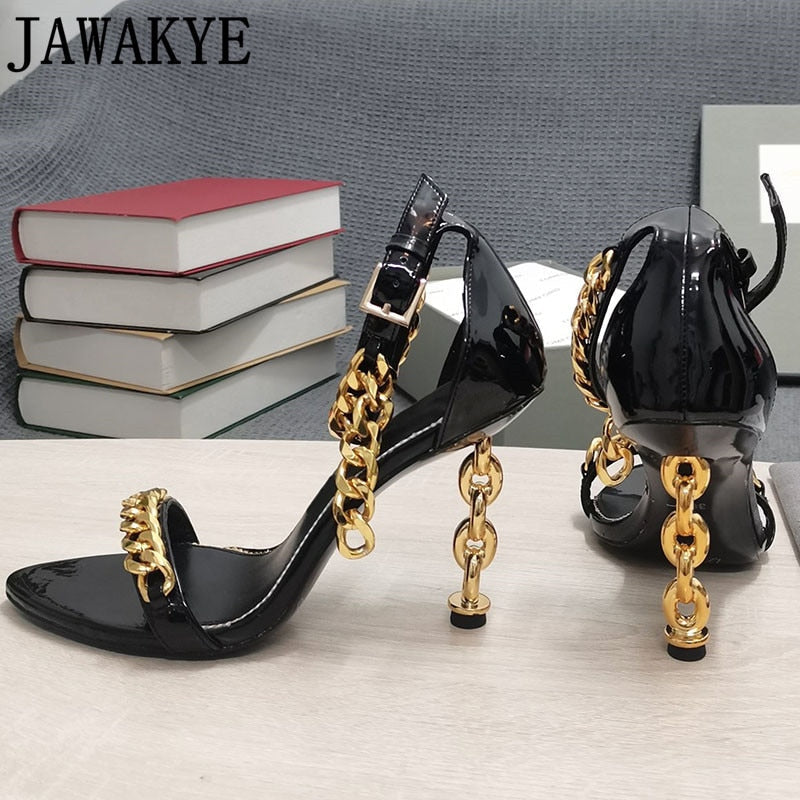 Luxury Gold Chain Heel Sandals Summer Sexy Brand Ankle Strap Party Shoes High Heel Sandals Celebrity Women Dress Shoes eprolo
