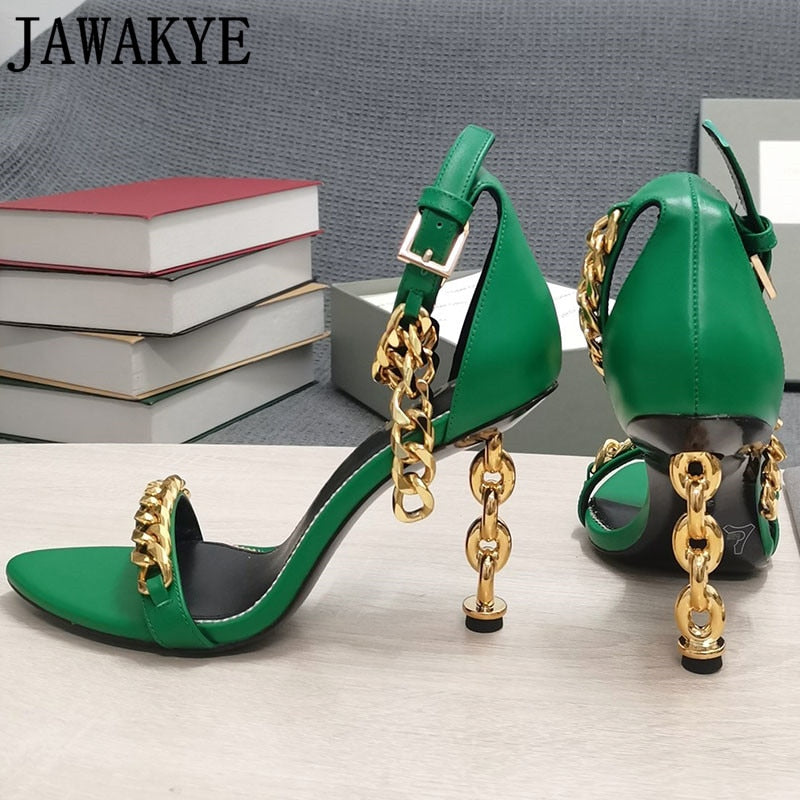 Luxury Gold Chain Heel Sandals Summer Sexy Brand Ankle Strap Party Shoes High Heel Sandals Celebrity Women Dress Shoes eprolo