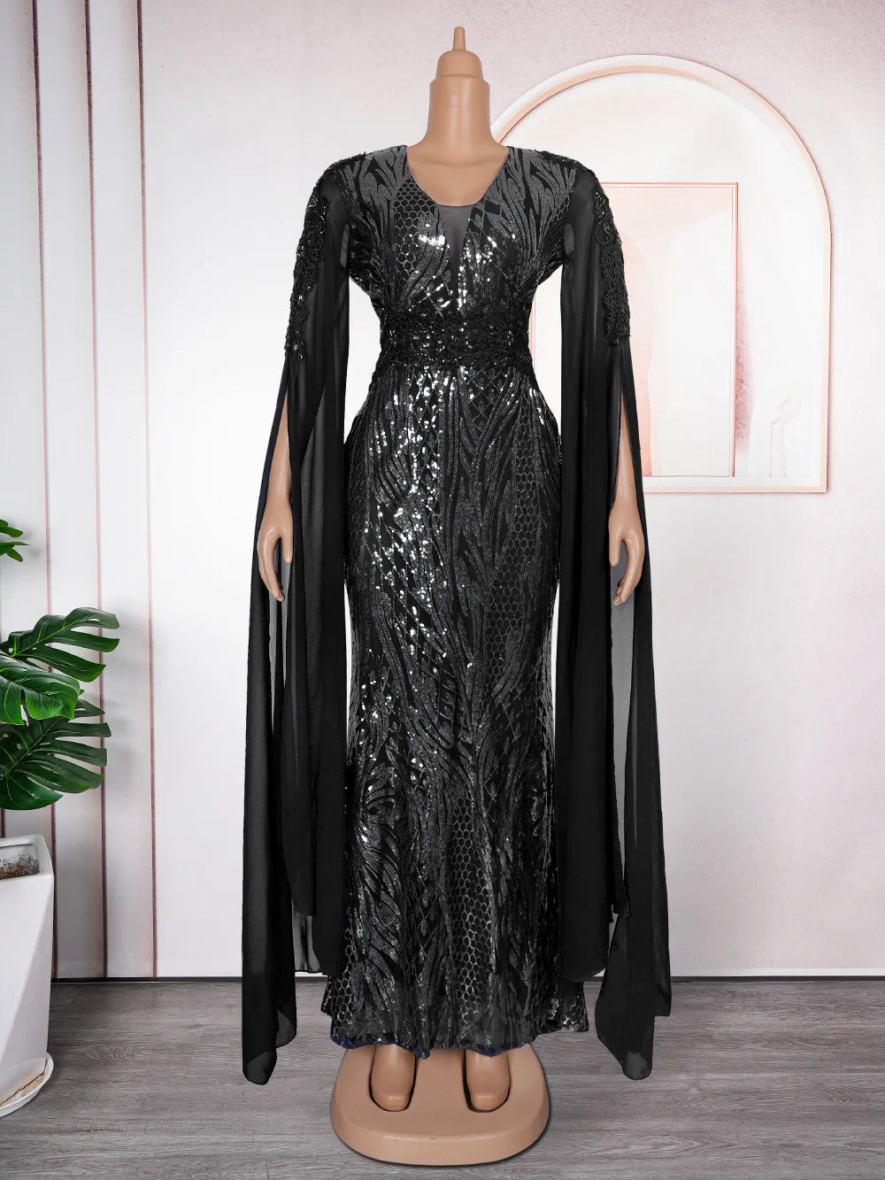 ZHEZHE Trendy Plus Size Women's Evening Dresses Elegant V-Neck Long Sequin dress