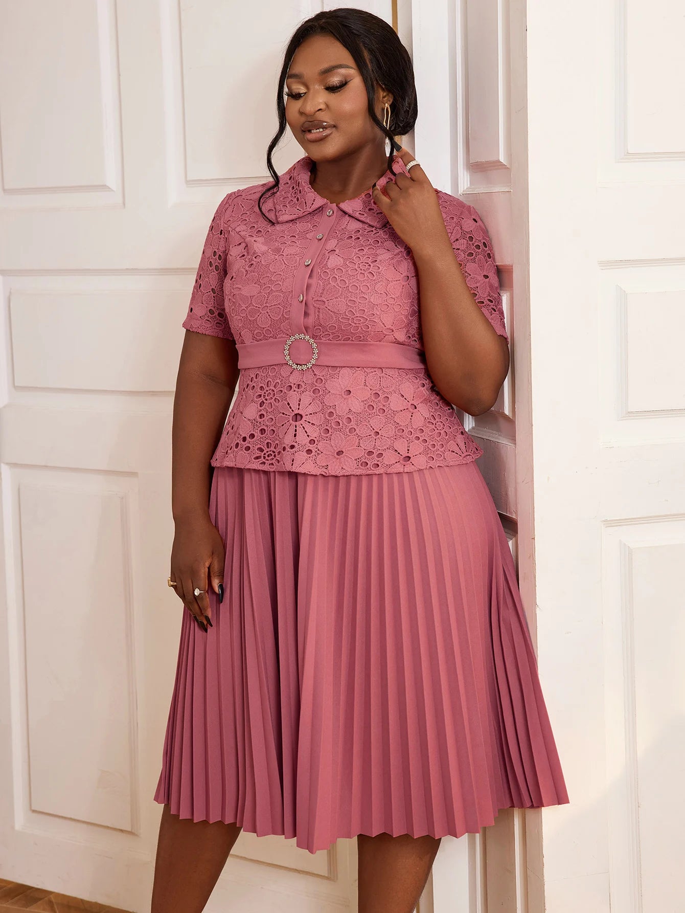 Church Turn Down Collar Peplum a Line Lace Pleated Career Dress With Belt