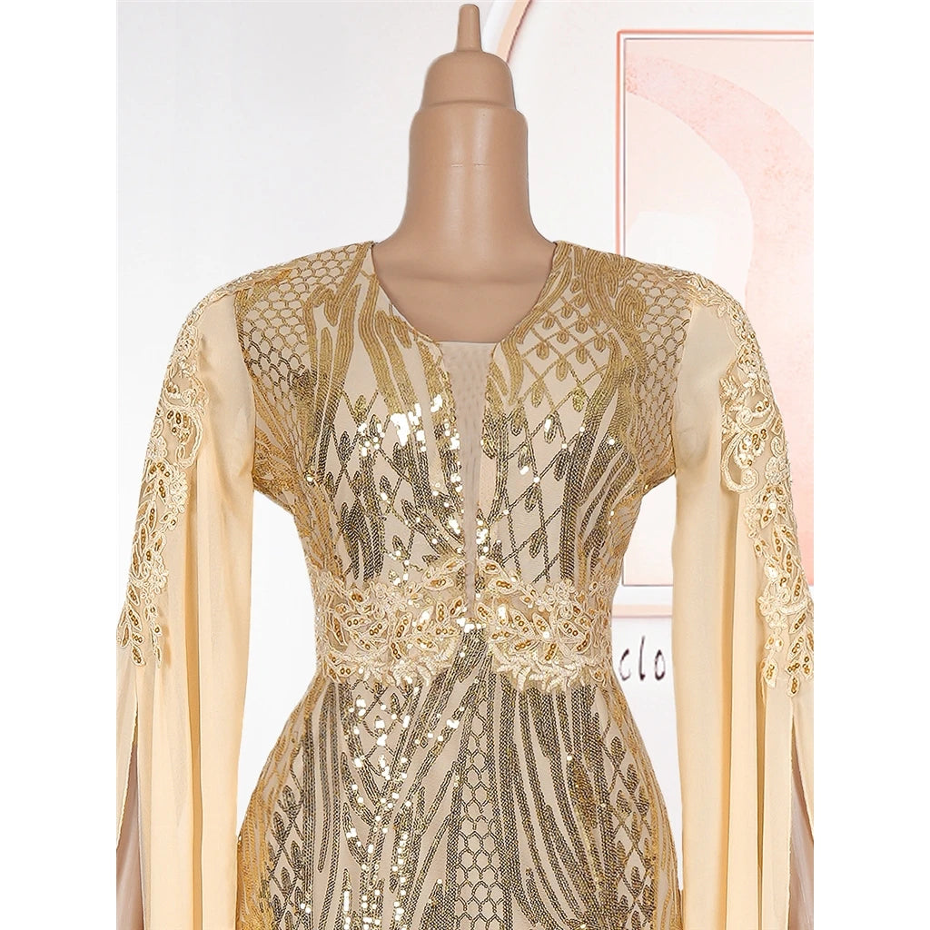 ZHEZHE Trendy Plus Size Women's Evening Dresses Elegant V-Neck Long Sequin dress