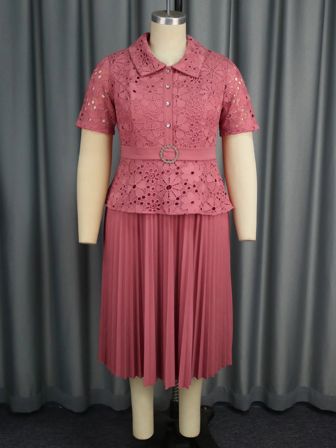 Church Turn Down Collar Peplum a Line Lace Pleated Career Dress With Belt