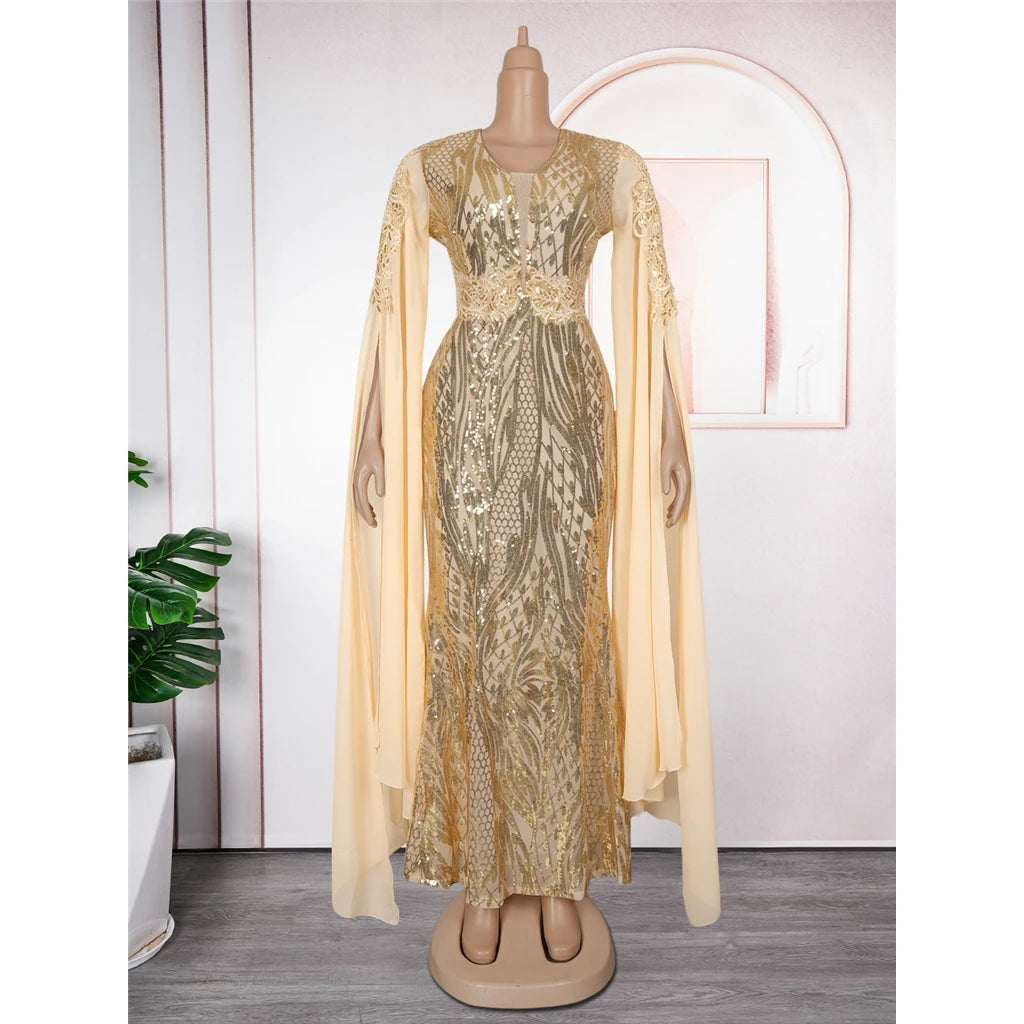 ZHEZHE Trendy Plus Size Women's Evening Dresses Elegant V-Neck Long Sequin dress