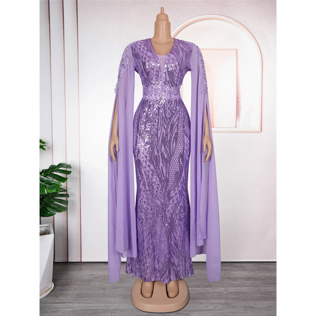 ZHEZHE Trendy Plus Size Women's Evening Dresses Elegant V-Neck Long Sequin dress