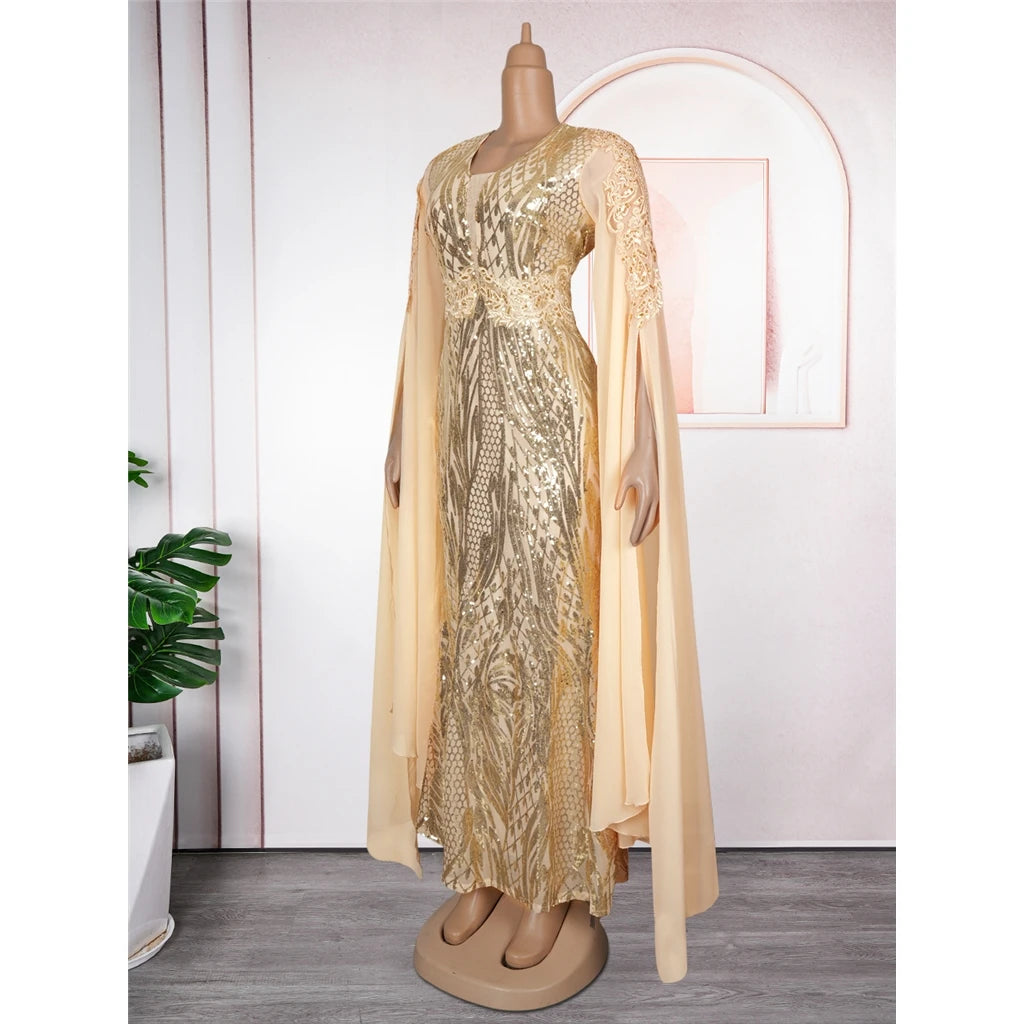 ZHEZHE Trendy Plus Size Women's Evening Dresses Elegant V-Neck Long Sequin dress