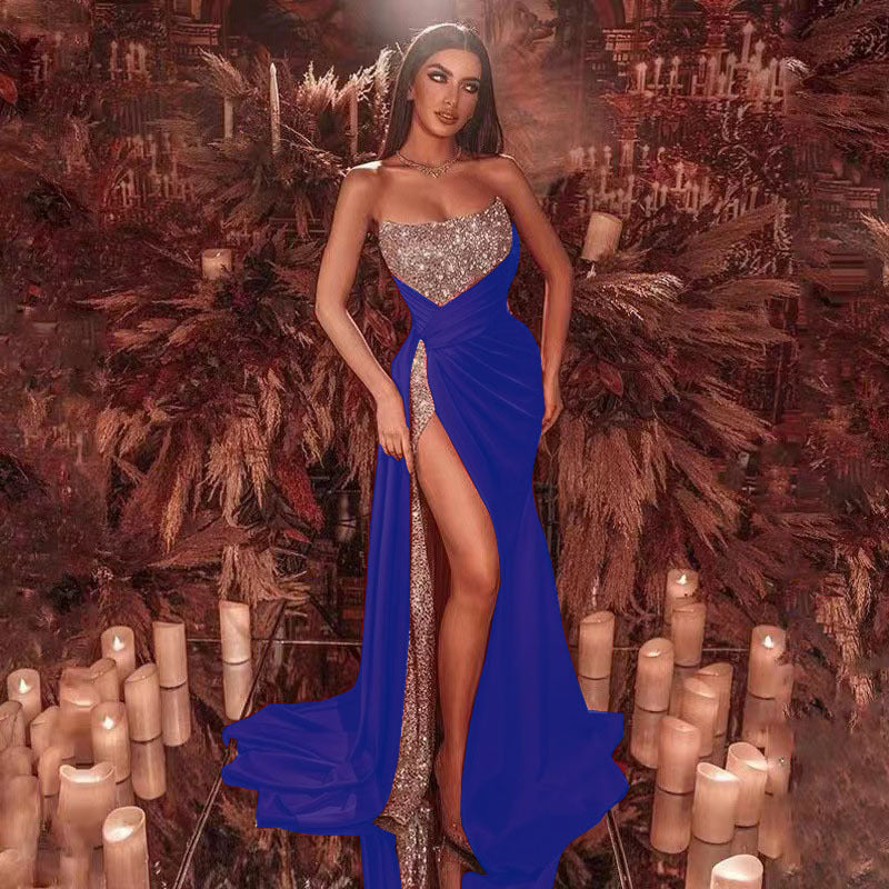 2025 Female European and American Cross-Border Sequined Slit Plus Size Long Skirt Sexy Off-Shoulder Tube Top Full Skirt Evening Dress Alsy store