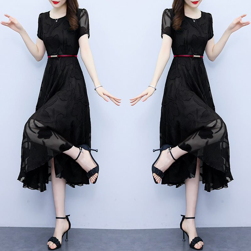 Fashion Round Neck Slim Fit Patchwork Chiffon Jacquard Dress