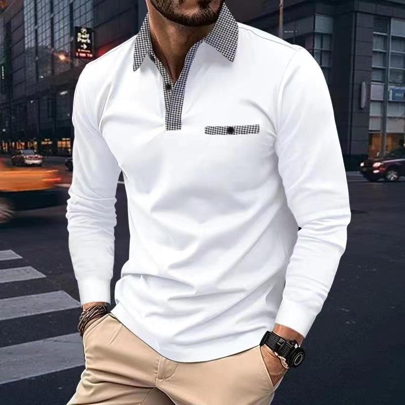 Leisure Plaid Lapel Polo Shirt Fashion Solid Color Long Sleeve Tops Men's Clothing - Alsy store