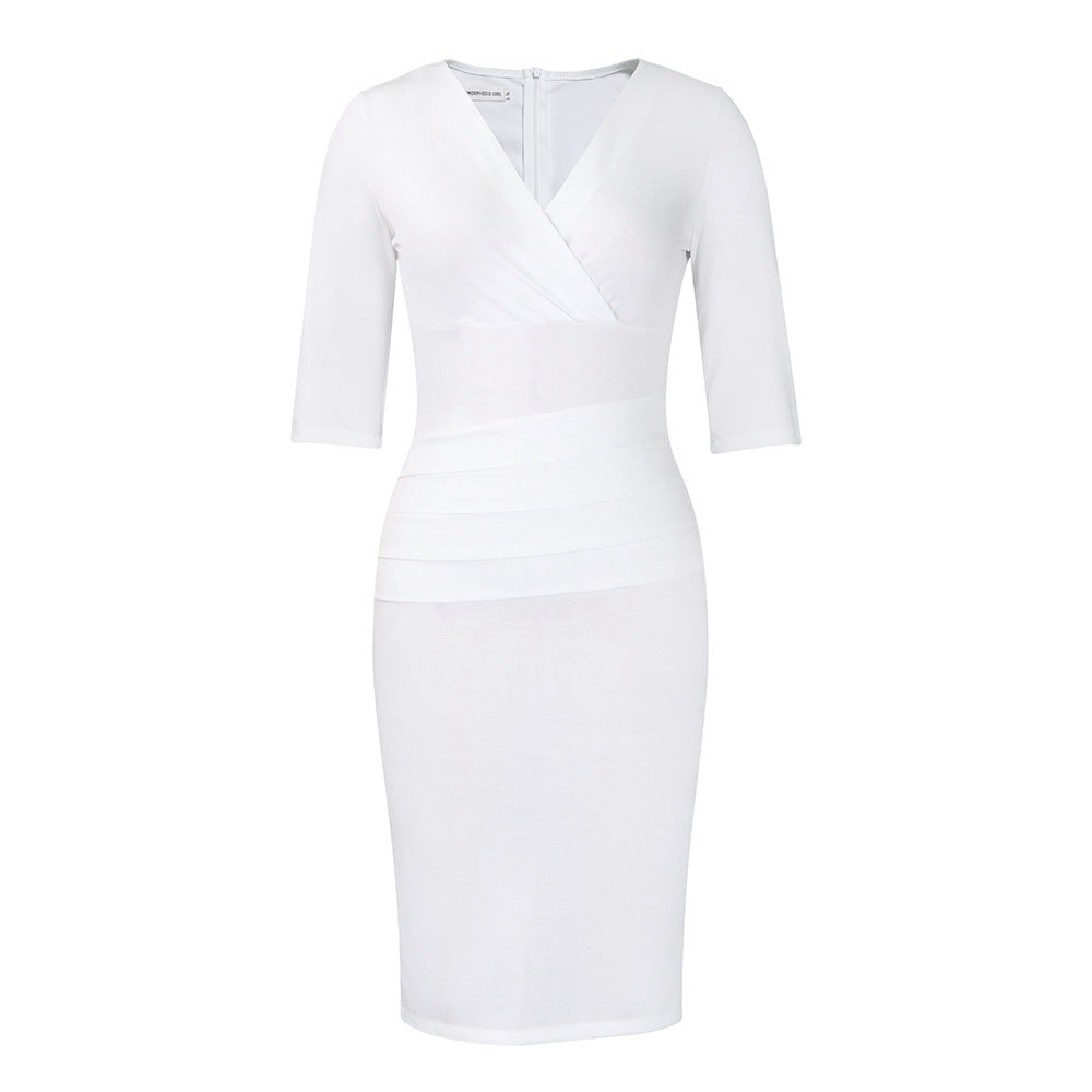 V-neck Temperament Sheath Plus Size Solid Color Dress Alsy store
