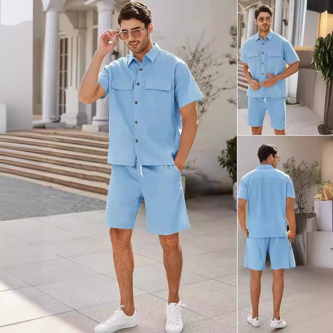 Summer Suits Men Short Sleeve Lapel Pockets Shirt And Drawstring Shorts Sports Fashion Leisure Men's Clothing Alsy store