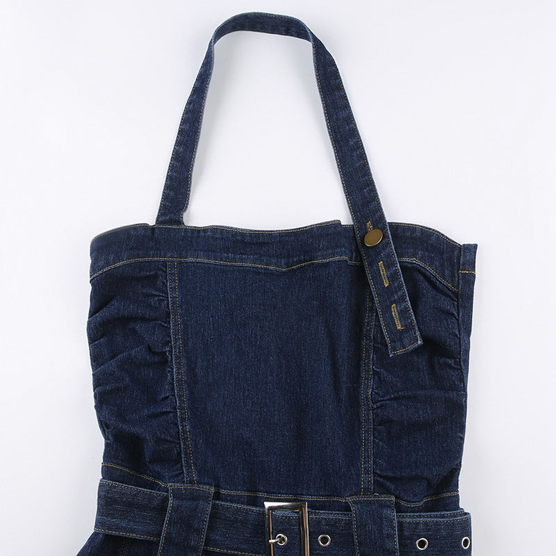 Women Denim Mini Dress Off Shoulder Halter Neck Sleeveless