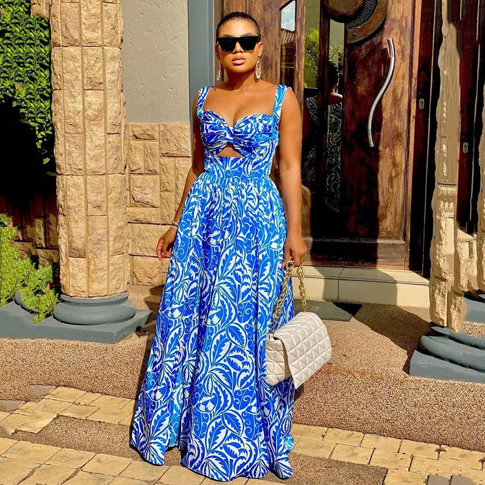 European And American Women's Clothing Fashion Dress Spaghetti-strap Floral Print Split Dress Alsy store